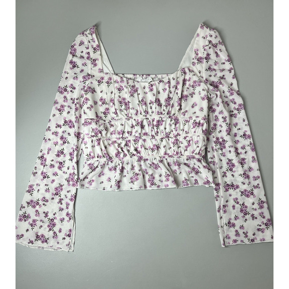 Kirious Mesh Smocked Top Sz Medium Floral Square Neck Cropped Cottage Peasant - Picture 1 of 8